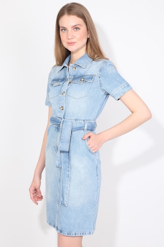 Banny Jeans Kadın İki Cepli Açık Mavi Jean Elbise Kemerli Regular Fit Açık Mavi L