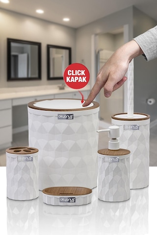 Okyanus Home Diamond Beyaz Ahşap Click Kapak 5'li Banyo Seti Beyaz