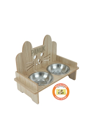 Gobypet Ahşap Özel İsim Baskılı Kulaklı Kedi Mama Su Kabı Standı