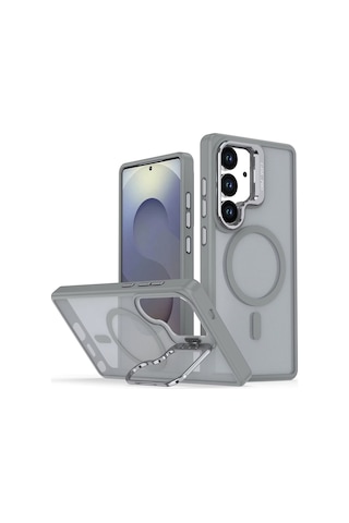 Samsung Galaxy S24 Kılıf Armor Seri Magsafe Uyumlu Stand Özellikli Kamera Lensli Kapak Gri