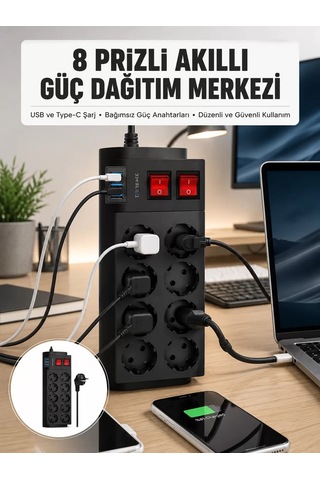 2 Metre Güçlü Çoklu Priz 8 Soket Yeni Nesil Belirtilmemiş