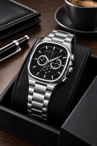 Erkek Gümüş Renk Metal Kordon Analog Kol Saati Siyah Kadran Takvim Göstergeli - Gümüş Çok Renkli