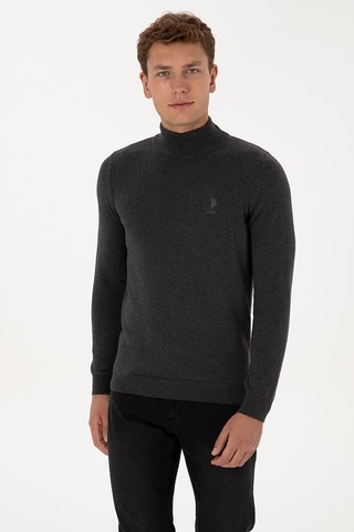 U.S. Polo Assn. Erkek Slim Fit Yarım Boğazlı Antrasit Melanj Basic Kazak 50307783-VR081