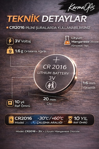 Cr2016 3v Lityum Düğme Pil 2 Li Paket Saat, Kumanda, Sensör Ve Elektronik Cihaz Pili