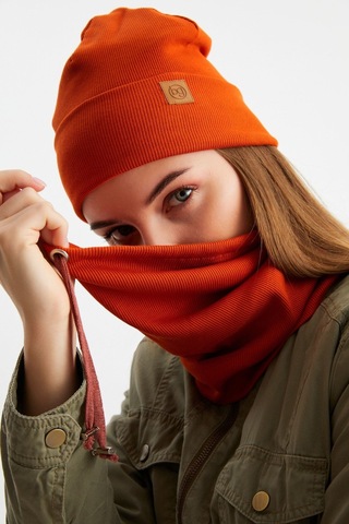 Butikgiz Kadın Balıkçı Style Pamuklu Kaşkorse Terletmez Ultra Hafif Yumuşak Bere Boyunluk Takım Kiremit