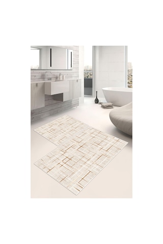 Dijital Baskı Çizgi Desen Kaymaz Taban 2li Set Banyo Paspası Klozet Takımı 50x60cm-60x100cm Krem