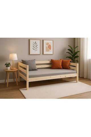 Ahşap Sedir Kanepe 90x190 Cm İç Ölçü Mindersiz Doğal Natural Masif Ahşap Bej