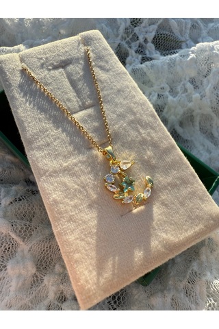Işıltılı Taşlı Moon Floral Kolye Altın