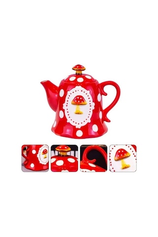 Fortunelane Fırınlanmış Seramik Mantar Desenli Çaydanlık, 0.91l Kapasite, Kapağı İle Ev Ve Misafir İçin Kırmızı Kırmızı
