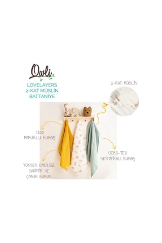 Owli Lovelayers 2 Kat 3'lü Müslin Set Forest 70x70 Cm Ekru