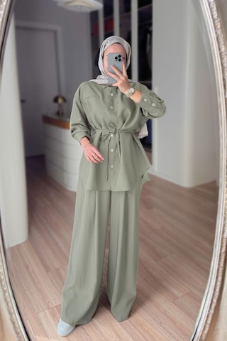 Ka Hijab Bağcıklı Bluz Pantolon Takım - Yeşil