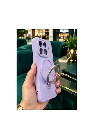 Mi 15 T Pro İle Uyumlu 360 Derece Dönebilen Kalın Metal Magsafe Halka Stantlı İçi Kadife Korumalı Ultra Lüx Premium Silikon Kılıf Lila