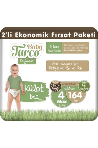 Baby Turco Doğadan 2'li Ekonomik Fırsat Paketi Külot Bez 4 Numara Maxi 164 Adet