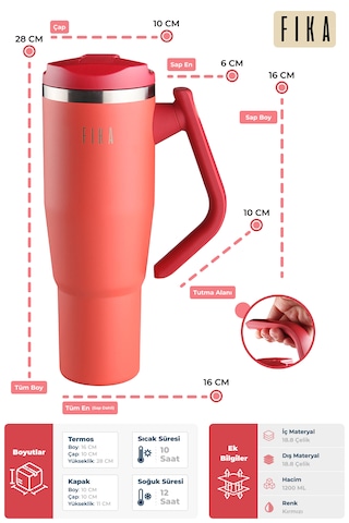 Fika Lumi Patentli Döner Kulplu Sızdırmaz Çelik Termos 1200 Ml - Bej Kırmızı