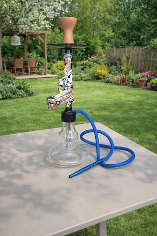 Cam Tabanlı Nargile 55 Cm 18 Cm Geniş Taban Modern Balkon & Teras Nargile Takımı Mavi Hortumlu