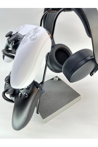 Gri Ahşap Ve Siyah Metal Gaming Ps4 Ps5 Xbox Joystick Kontroller Tutucu Ve Kulaklık Dikey Standı