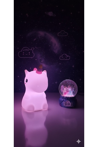 2 Li Sevgiliye Romantik Hediye Seti Unicorn Çok Renkli Led Gece Lambası Ve 9 Cm Mor Kar Küresi Seti Set