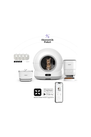 Xenon Smart Akıllı Otomatik Kedi Tuvaleti Paslanmaz Çelik Kaseli Mama Kabı Bataryalı Su Pınarı Ve Filtre 4'lü Pet Seti