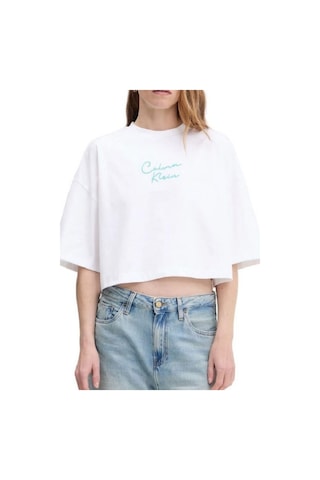 Kadın Cropped Boxy Fit Zincir Dikiş Logolu T-shirt - Beyaz-8784 Brilliant White