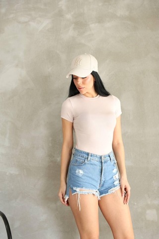 Moda Banuş Premıum Kalite Bej Esnek Buzzy Kumaş Bisiklet Yaka Kısa Kol Basic Body