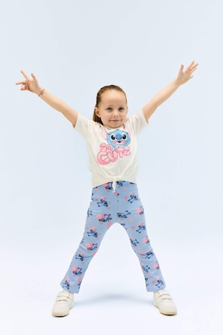 Defacto Disney Lilo & Stitch 2'li Takım Kısa Kollu Tişört Fitilli Kaşkorse İspanyol Paça Tayt Kız Bebek E480 Mavi