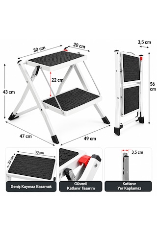 2 Basamaklı Katlanır Merdiven 150 Kg Taşıma Kapasiteli Kaymaz Geniş Basamaklı Yer Kaplamaz Beyaz