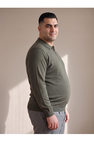 Maccali Erkek Haki Büyük Beden Düz Fermuarlı Polo Yaka Triko Sweatshirt