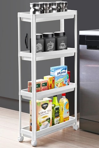 Tekerlekli Raf Ünitesi 4 Katlı Mutfak Rafı Banyo Rafı Banyo Düzenleyici Dar Alan Organizer - Beyaz Çok Renkli