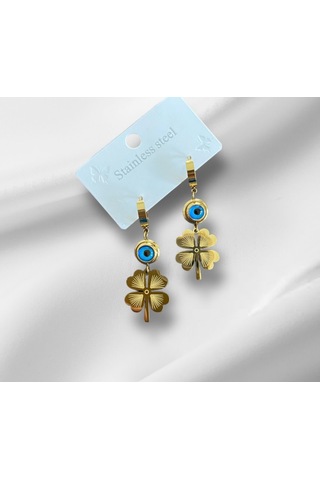 Çelik Yonca Ve Nazar Sallantılı Küpe