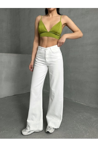 Shevega Kadın Beyaz Yüksek Bel Paça Kesik Bol Paça Jeans Pantolon Beyaz
