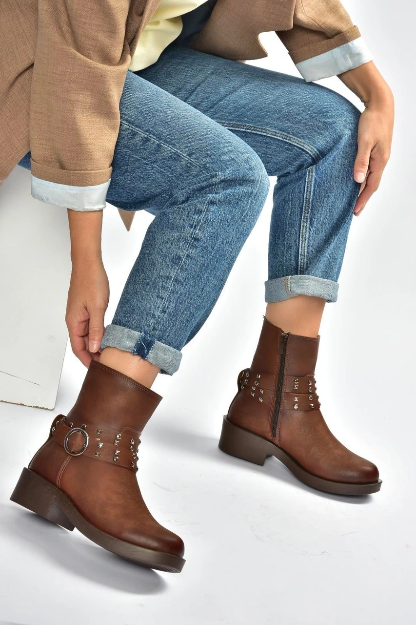 Fox Shoes V674121209 Taba Alçak Topuklu Fermuarlı Kadın Bot Taba-Suni Deri