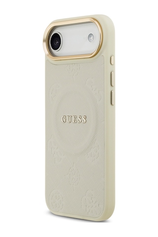 Apple Uyumlu iPhone 17 Air Kılıf Guess Lisanslı M-safeli Sıcak Baskı Yazı Logolu Pu Deri Peony Kapak Bej Bej