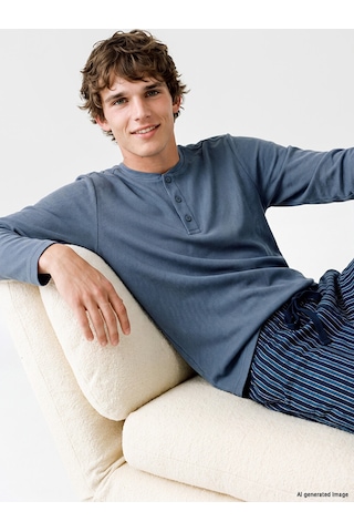 LC Waikiki Lc Waıkıkı İndigo Henley Yaka Uzun Kollu Erkek Pijama Üst Indigo