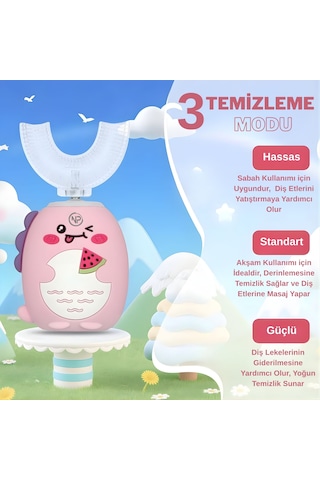 Npo 208 Şarjlı Ultrasonik 3 Modlu U Dizayn Çocuk Diş Fırçası - Pembe Şarjlı