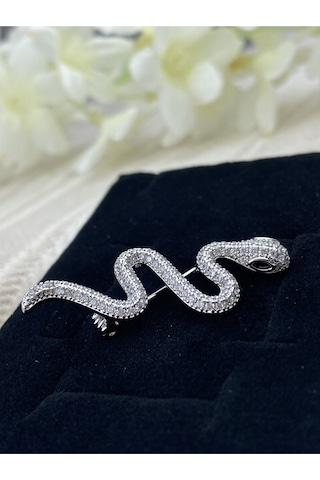 Kyver Yılan Model Full Zirkon Taşlı Broş Silver