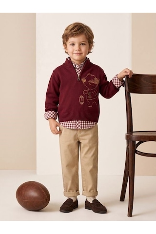 Zekids Erkek Çocuk Bordo Ayıcık Nakışlı Triko Kazak Gömlek Ve Pantolon Takım-17439