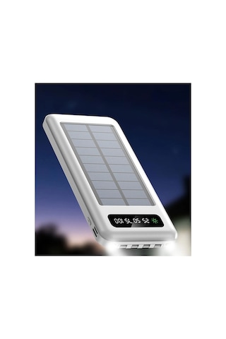 10000 Mah Powerbank Göstergeli Powerbank Solar Powerbank Güneş Enerjili Fenerli 4 Çıkışlı Beyaz