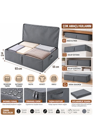 Baza Altı Kapaklı Saklama Hurcu 93x55x19 Cm Gri Çok Amaçlı Yorgan, Nevresim Ve Kıyafet Düzenleyici Organizer