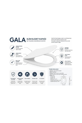 Gala Slim Yavaş Kapanan Klozet Kapağı, Ultra İnce Modern Tasarım, Sessiz Soft Close Mekanizma, Kolay Sök-tak Özel Diğer