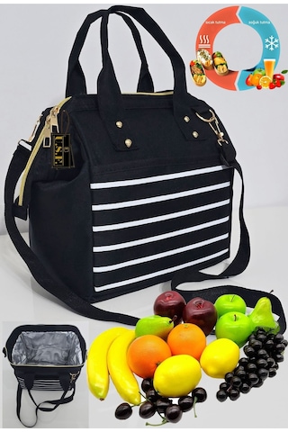 Sıcak, Soğuk Isı Yalıtımlı Termal Termoslu Yemek, Mama, Beslenme, Gıda İçin Askılı Taşıma Çantası Beyaz - Siyah