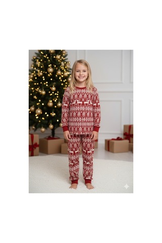 Hvç Hvc Çocuk Noel Yılbaşı Pijama Takımı Unisex Kırmızı / Yılbaşı Desenli