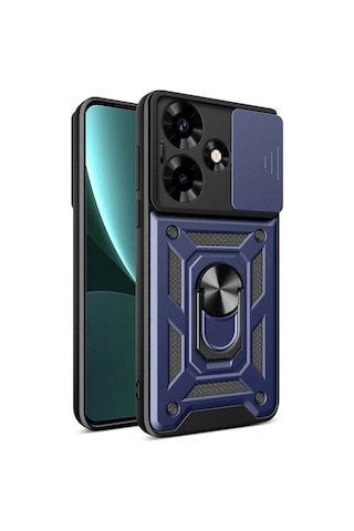 Noktaks - İnfinix Uyumlu İnfinix Hot 30 - Kılıf Sürgülü Kamera Korumalı Yüzüklü Çift Katman Zırh Tank Vega Kapak - Mavi