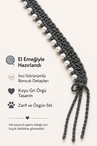 El Örgüsü Kedi Tasması Koyu Gri İnci Boncuklu El Yapımı Düğmeli Kedi Boyun Aksesuarı