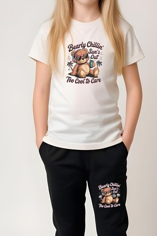 Fyk Kids Kız Çocuk Yuvarlak Yaka Baskılı Bearly Chillin Alt-üst Pijama Takımı KREM Krem