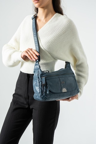 Baginn Yıkama Deri Günlük Kadın Postacı Çanta Çapraz Askılı Omuz Çantası Vegan Deri 26 20 Cm Kapaklı Model Mavi