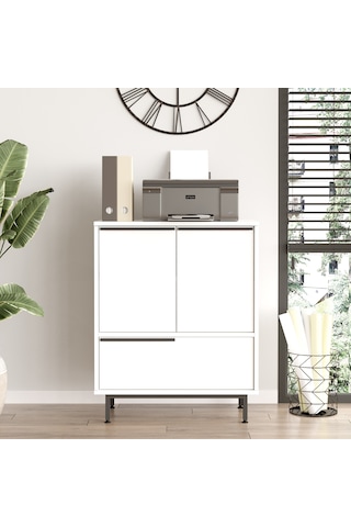 Robin Home Lidya Ofis Dolabı 3 Kapaklı Metal Ayaklı Beyaz