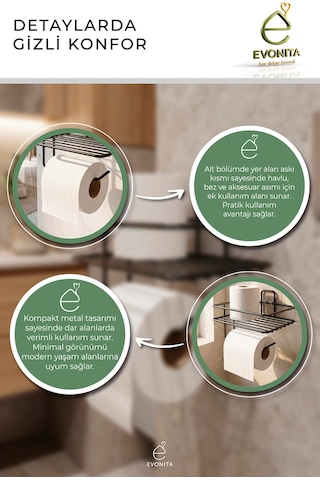 Yapışkanlı Tuvalet Kağıtlığı Mat Siyah Metal Kağıtlık Delmeden Montaj Banyo Organizer