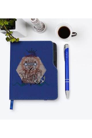 Kişiye Özel Gemi Tasarımlı Lacivert Termo Deri Defter Kalem Seti- N11.2122