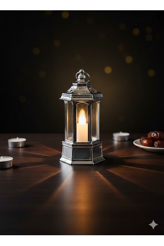 Ramazan Ledli Dekoratif Fener Parlak Gümüş Renk 10 Cm Masa Ve Raf Süsü Diğer