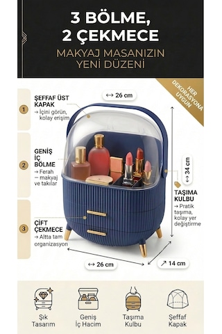Makri Home Çekmeceli Makyaj, Takı Ve Kozmetik Ürün Düzenleyici, Gri Renk Organizer Gri